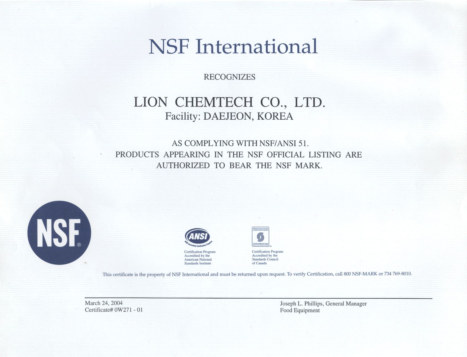 Lion Chemtech Co. Ltd. NSF ANSI51 standards compliance